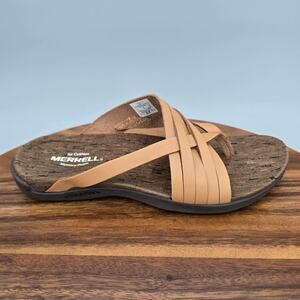 Merrell Sandals Women's 7 Natural Tan Leather Strappy Slip On Comfort Thong